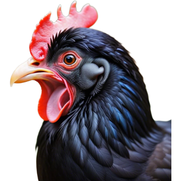 Cinematic Cute Yawning Black Chicken Portrait Emoji, Head tilted slightly with a dramatic, wide-open yawn, showcasing a soft, glossy black plumage with subtle hints of iridescence and a distinctive red comb, floppy wings slightly drooping, round beady eyes barely open in drowsy contentment, Simplified yet irresistibly adorable features, highly detailed, glowing with a soft, cozy glow, high shine, relaxed yet expressive, stylized with a touch of whimsy, bright and endearing, soft glowing outline, capturing the essence of a sleepy yet affectionate chicken, so drowsy it feels like it could stretch out of the screen and curl up for a nap! emoji
