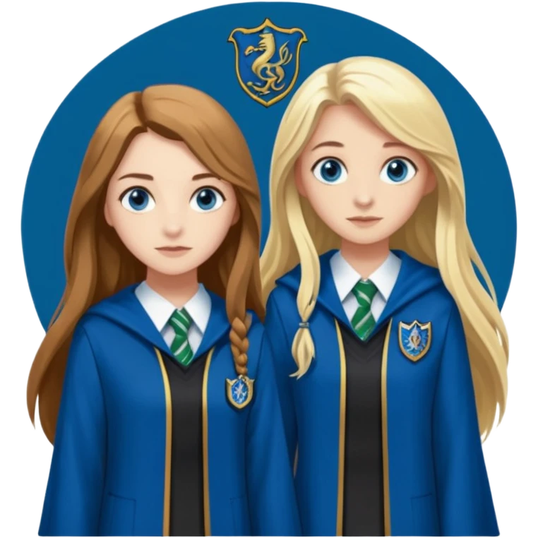 a pretty ravenclaw girl with long brown hair and blue eyes standing with a hot Slytherin girl with long blonde hair, blue eyes emoji