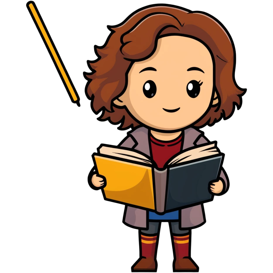 Hermione Granger with stack of books and wand emoji