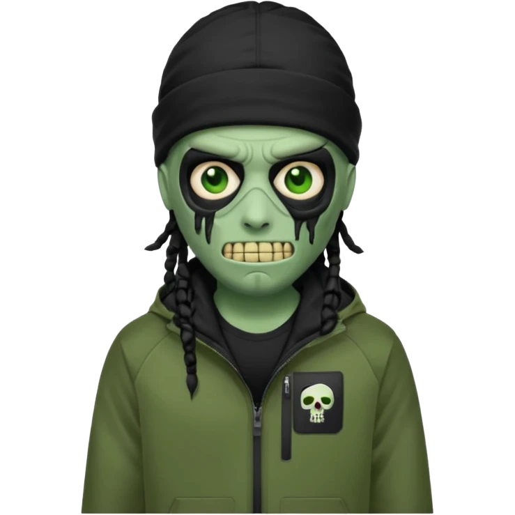 a zombie emoji with black dreads and a black nike jacket and black nike ski mask on his head emoji