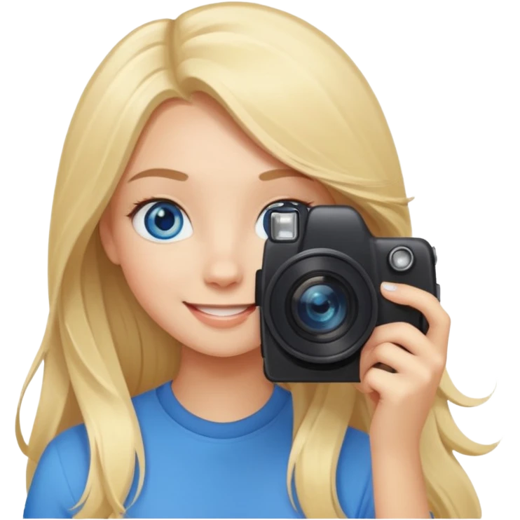  blue eyes blonde girl photographer cartoon taking picture in middle of taking picture camera in front of face long hair smiling funny flash professional, camera in front of face emoji