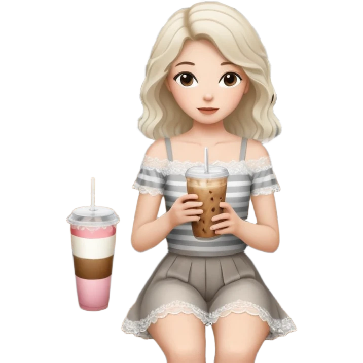 Minimalist girl holding an iced coffee in a chic cafe setting, white lace top, soft natural hair, modern gray striped wall, wooden bench, aesthetic and cozy mood ☕🌿🤍” emoji