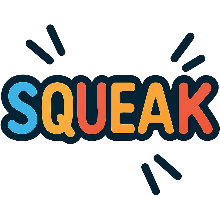 'Squeak' word in a colorful lineal icon style with black outlines, vibrant colors, and playful design emoji