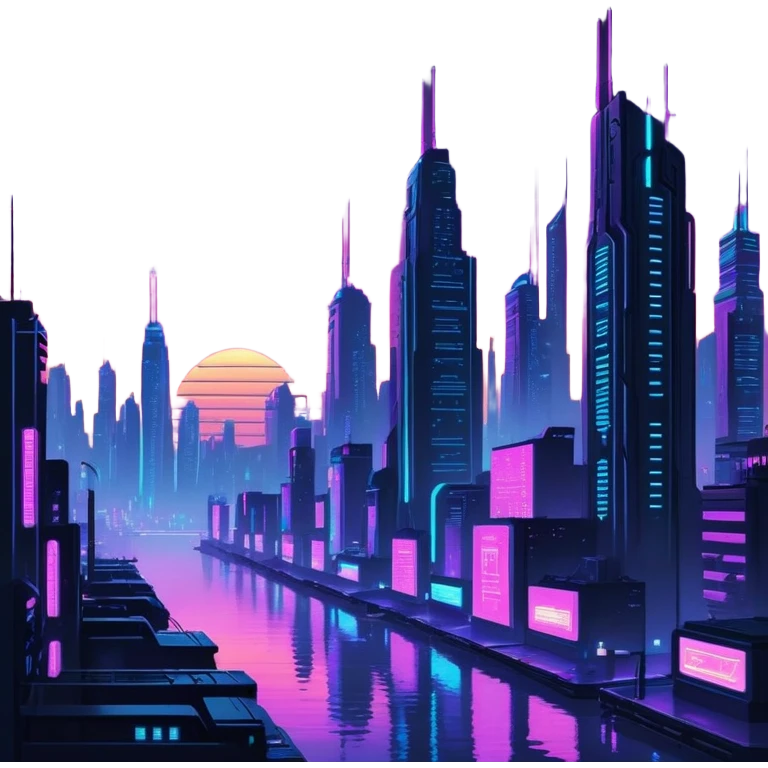 Cyberpunk aesthetic dark city with neon lights shiny lights and vaporwave sunset scenery scene, oceancore, pastelcore, aesthetic, sparkly, shiny, beautiful, elegant, pretty, amazing, epic emoji