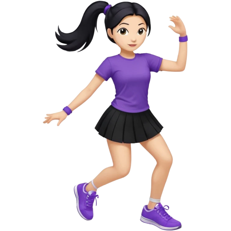 Mujer bailando con zapatillas violeta, pollera negra y remera violeta, mujer con pelo negro y recogido en una coleta emoji