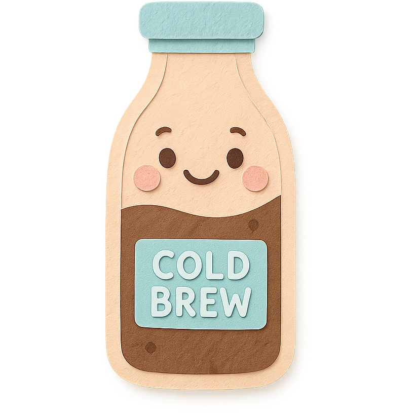 kawaii glass cold brew bottle, full body, happy face, soft pastel colors emoji