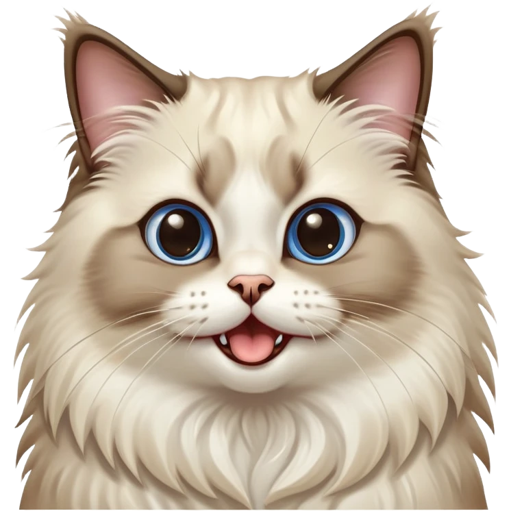 Cinematic-Adorable-Seal-Ragdoll-Cat-Portrait-Emoji – Big-eyed, fluffy Ragdoll cat with a playful head tilt and a cute yawn, soft brown-and-white fur with darker seal points on the ears and face, simplified yet irresistibly cute features, sparkling blue eyes full of mischief, highly detailed with a gentle glow. emoji