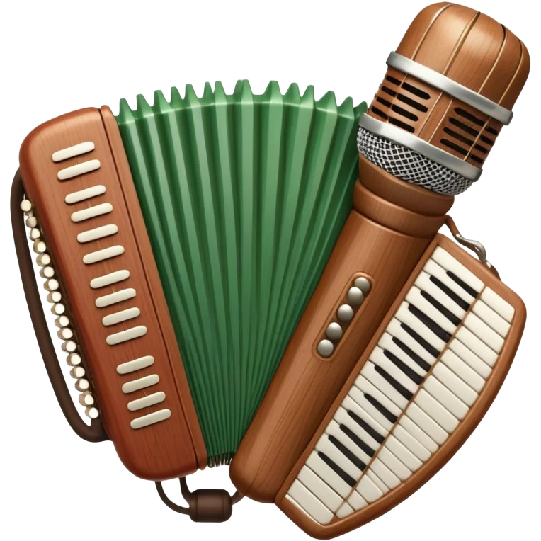 Create a warm and inviting humanless emoji representing folk singing. The design should feature a traditional microphone, perhaps with a wooden texture, symbolizing the rustic and authentic feel of folk music. Surround the microphone with subtle elements such as a hand-played tambourine, an accordion, or a balalaika to reflect the folk instruments. Add flowing musical notes to symbolize the vocal melodies. Use earthy, natural colors like browns, reds, and greens to evoke a sense of tradition, warmth, and connection to the community. The background should be transparent. emoji