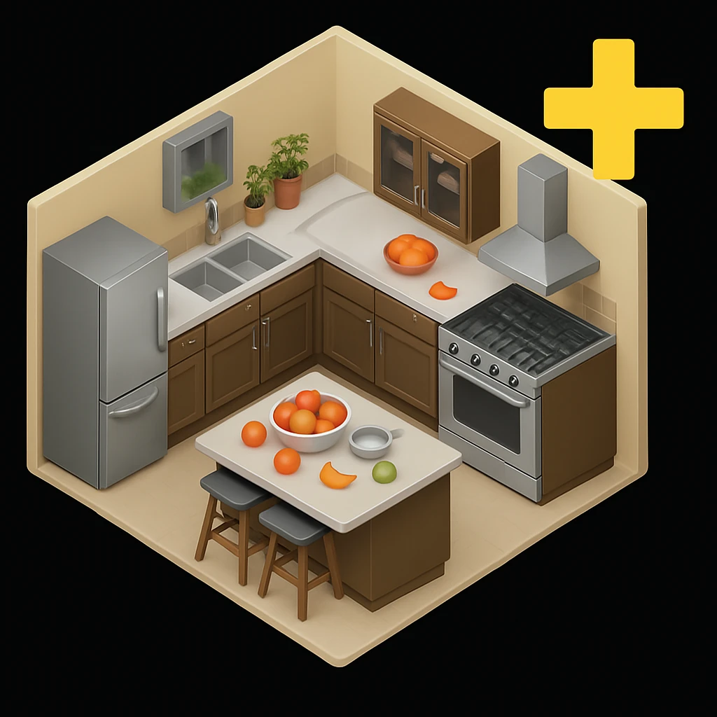 Change the color of the plus (+) symbol in the top right corner to yellow, keeping the rest of the kitchen emoji unchanged, in a style consistent with the original kitchen emoji. emoji