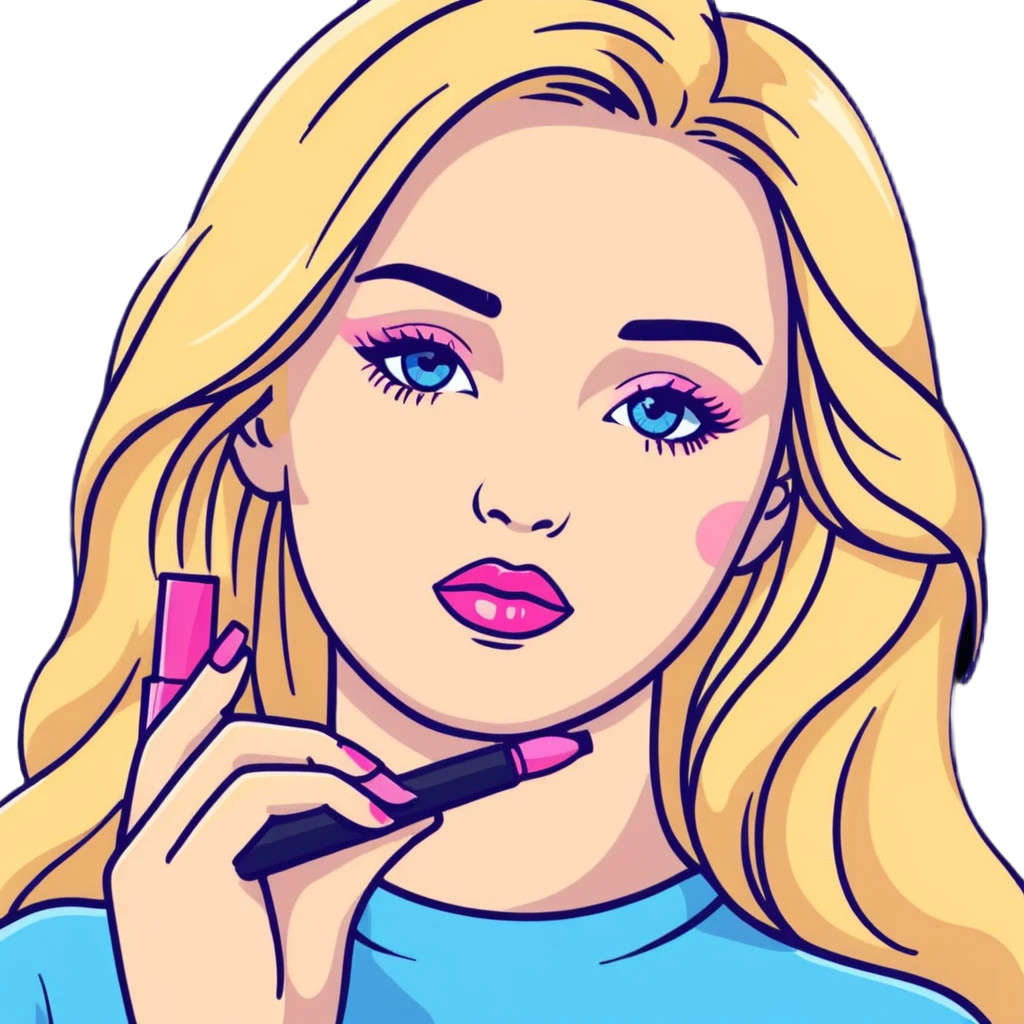 Blonde woman with long hair, blue eyes and pink lips holding mascara in her hands emoji