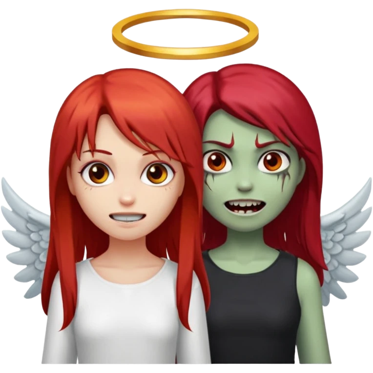 девушка ангел с нимбом и крыльями, с рыжими прямыми волосами по плечи, с улыбкой, стоит рядом с девушка зомби с темными длинными прямыми золосами, со злым выражением лица и ровными белыми зубами в стиле Apple avatar emoji