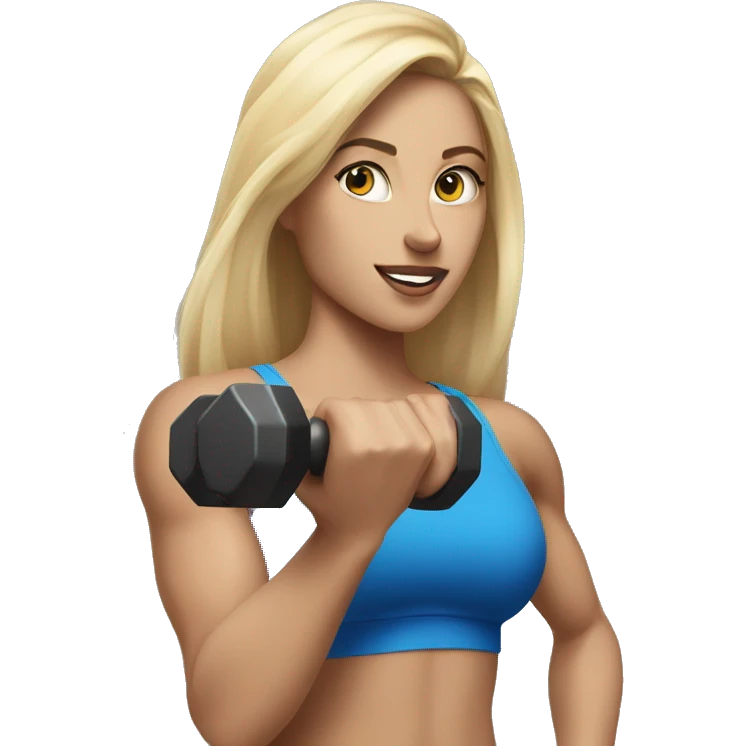 blonde woman working out with a blue shorts and black tank top and she is holding a dumbell emoji