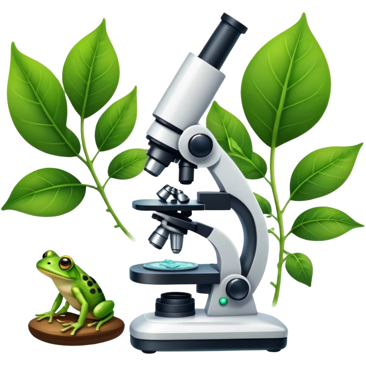 An icon featuring a DNA strand, a microscope, and a green leaf, symbolizing biology. The design includes animal cells, plant structures, and a frog, representing the study of living organisms and ecosystems. Transparent background highlights life sciences and biological research. emoji