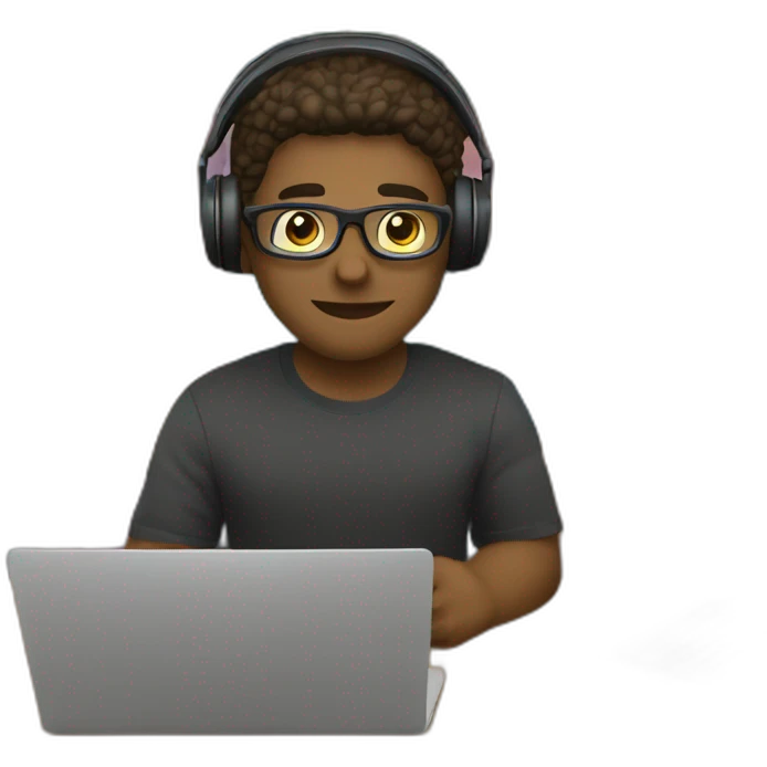programmer in front of a library full of books books-wearign a headset coding on a laptop emoji