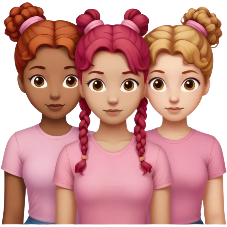 Three sisters one of them have red hair with buns. One of them have dirty blonde hair with ponytail. One of them have white curls with brown hair and they are all wearing pink shirts emoji