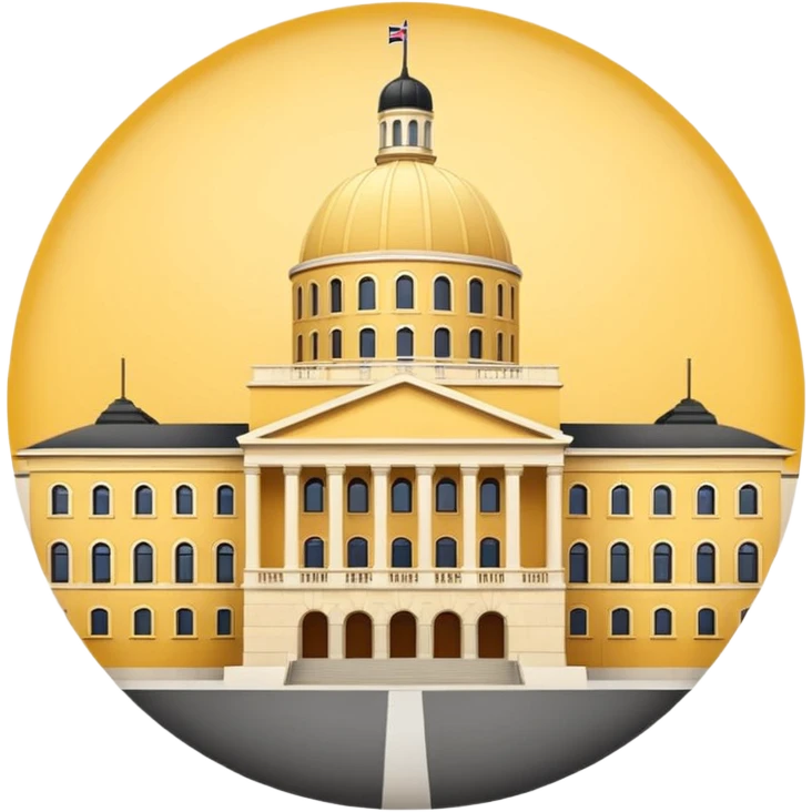 Norwegian Parliament building Stortinget, frontal view, yellow tones, round central section, minimal details, emoji style emoji