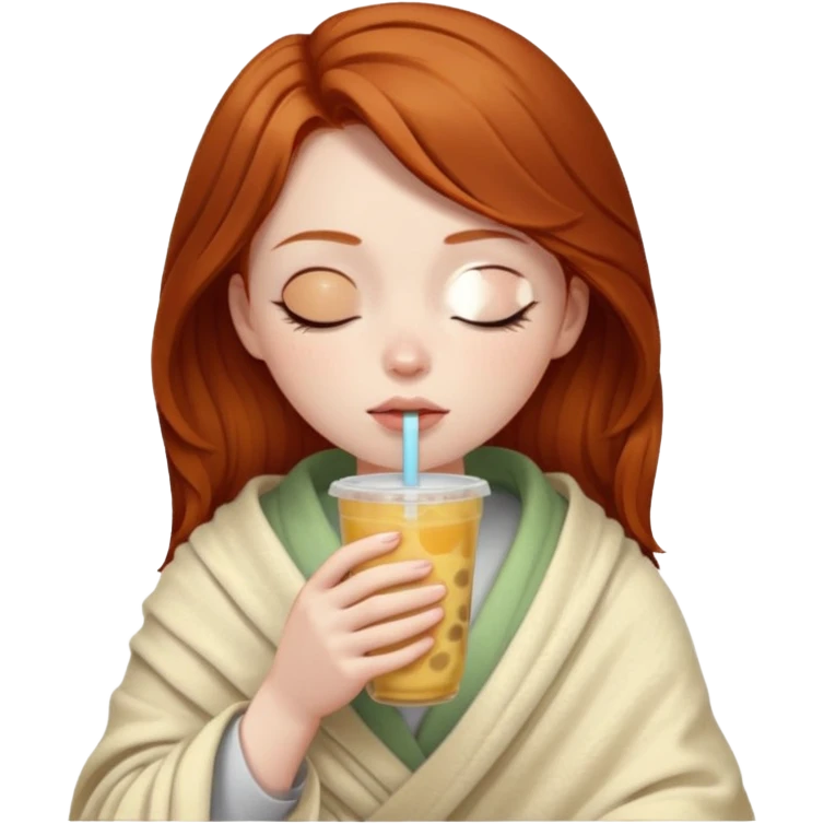 dark ginger haired girl with pale skin, wrapped in a blanket, sipping boba, eyes closed emoji