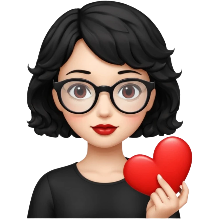 niña con pelo corto ondulado color negro con lentes negros y tenga un corazon en la mano emoji