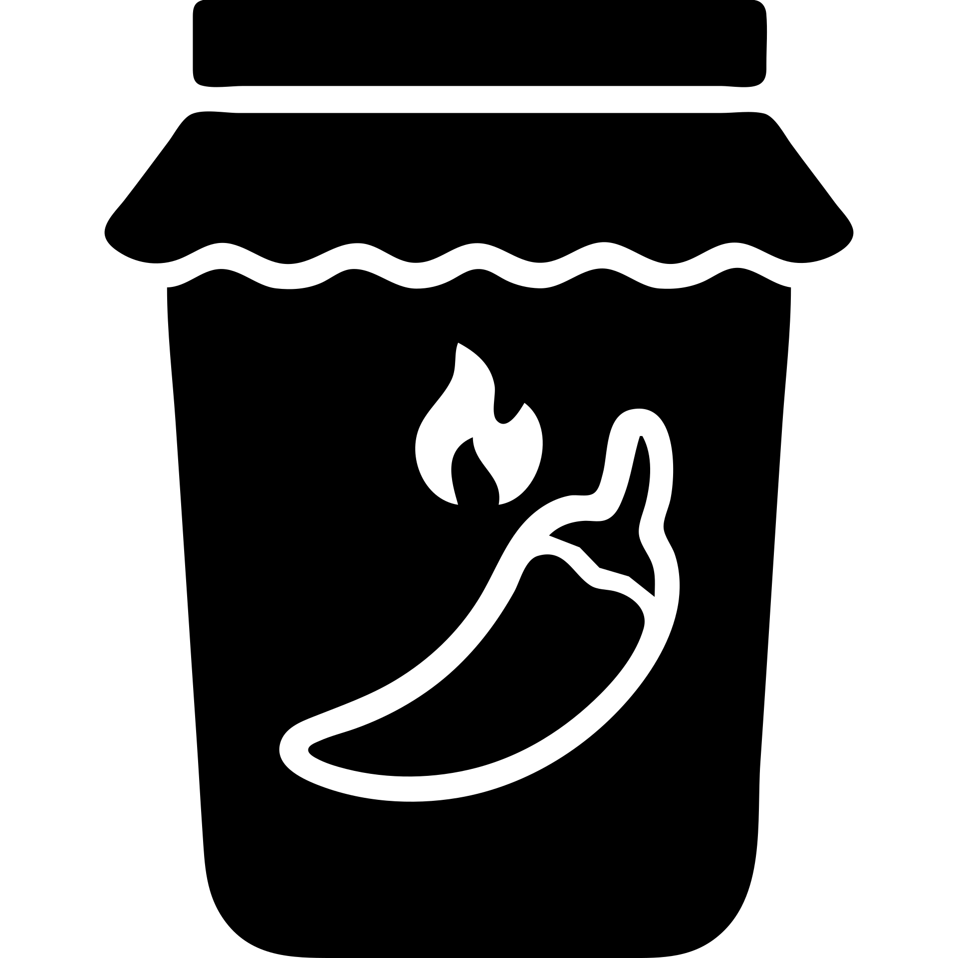 A sauce in a fast food packaging in black filled icon style with a red background and a spicy symbol emoji