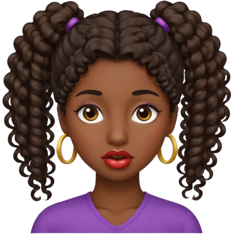 emoji sucking its lips in with one eyebrow up and the other one down dark skin and curly hair in one ponytail with eyelashes up to her hair emoji