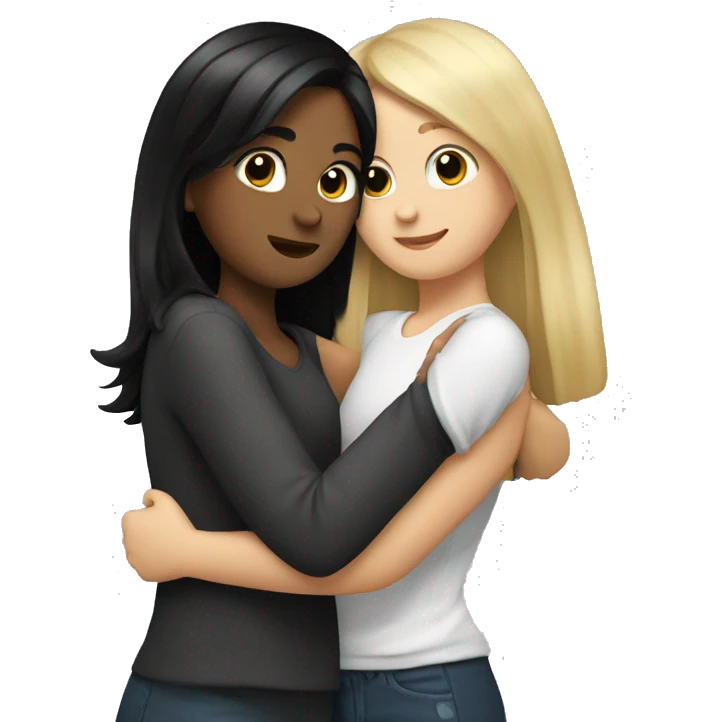 A girl with dirty blonde hair hugging a girl with black hair  emoji