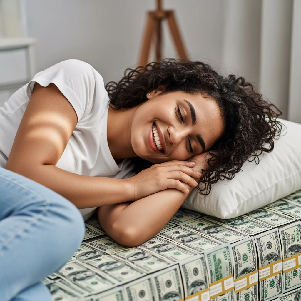 happy person napping on mattress of money emoji