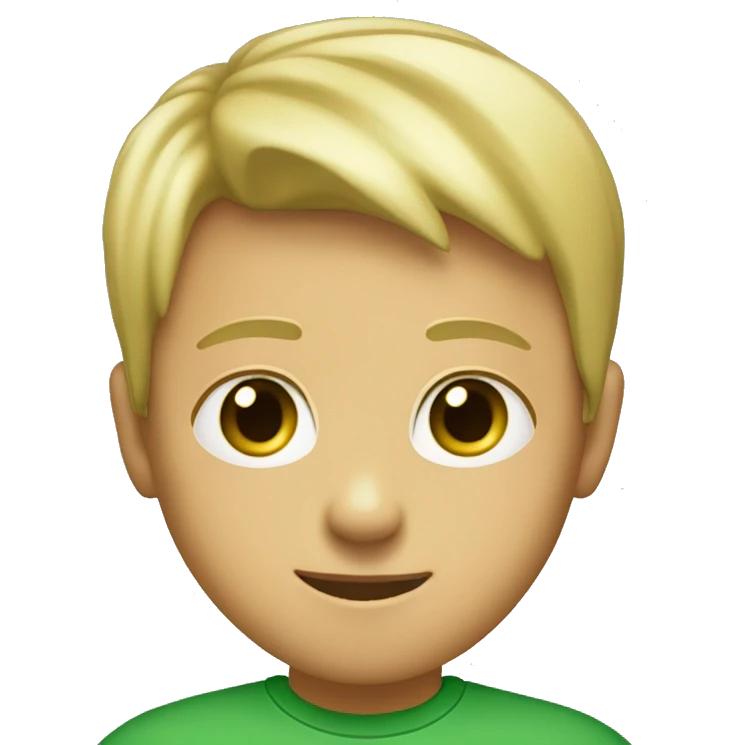 An 11 years old child that is blonde, he has green eyes, he is suntanned, he has a small nose and wears a green t-shirt  emoji