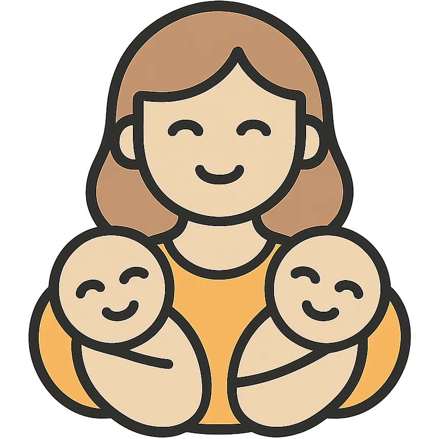 mother holding two smiling babies close to chest, vector-like expressive detailed illustration, simple lines, shadows and highlights, soft beige color palette, elegant gentle warm style emoji