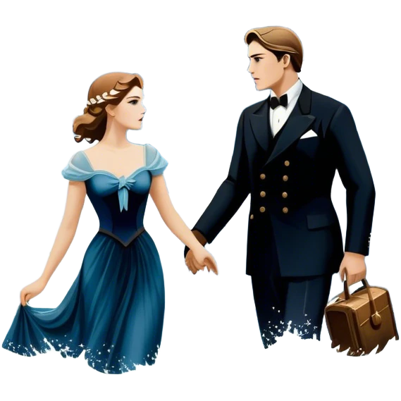 Icon for Titanic Movie: A vintage movie poster-style design featuring a dramatic scene of the ship, the iceberg, and a romantic silhouette of the main couple. Include elements like the ship’s bow, water splashes, and a starry sky in the background. Retro cinematic feel. Transparent background. emoji
