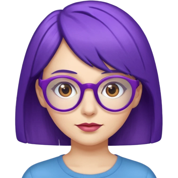 Cartoon adult woman with purple glasses, brown eyes, and blue medium length hair emoji