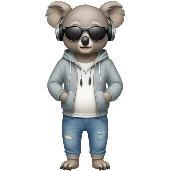 anthropomorphised koala full body wearing a hoodie and jeans dark sunglasses headphones emoji