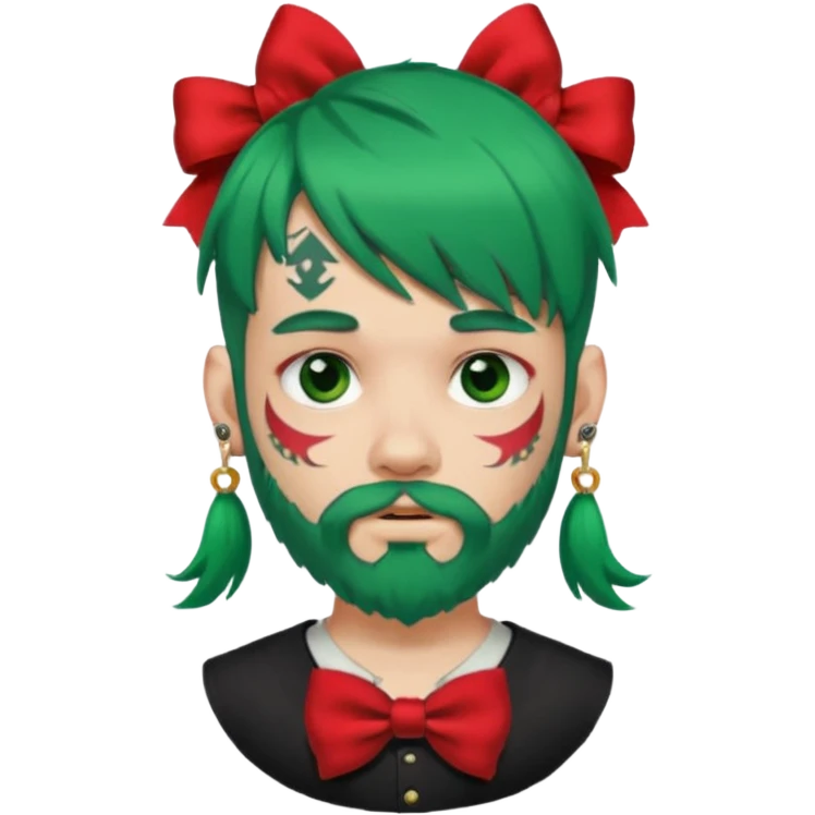 boy with bangs and green hair and red hairbow on side and earrings and very heavy face tattoos and beard emoji