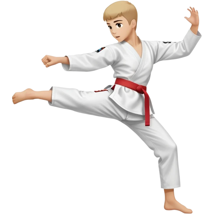 teenager performing a high kick in a white Tae Kwon Do uniform with a colored belt emoji