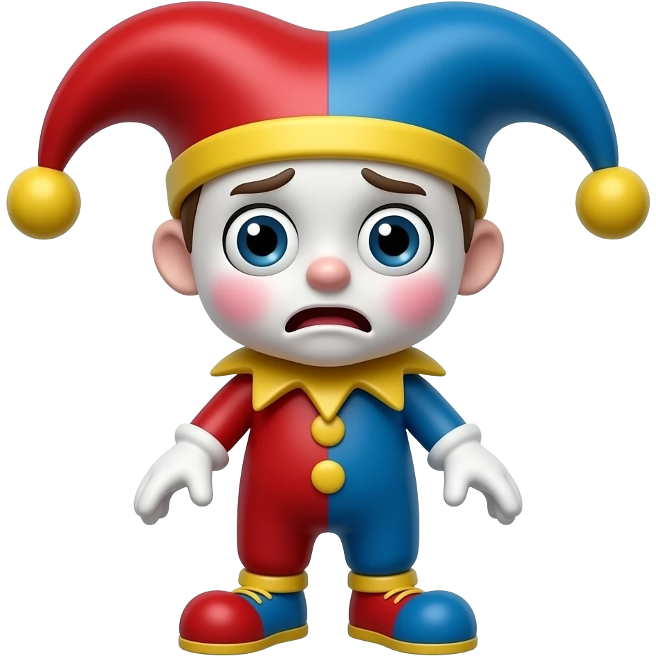 Pomni She looks like a small cartoon jester with a red and blue outfit, a two pointed jester hat with yellow tips, large wide eyes, a pale face, white gloves, and red and blue shoes. She usually looks nervous or scared. She was white skin and too big pink cheecks emoji