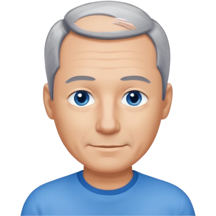 Middle aged man with receding grey and black hair and no beard, blue eyes, shy smile, tanned skin emoji