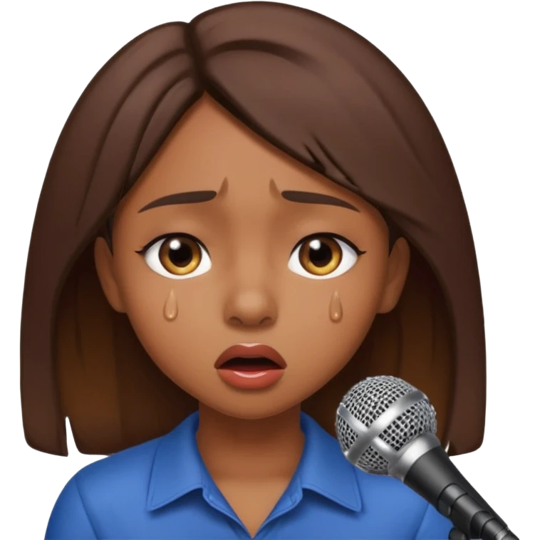 Brown skin girl singing into a microphone looking sad  emoji