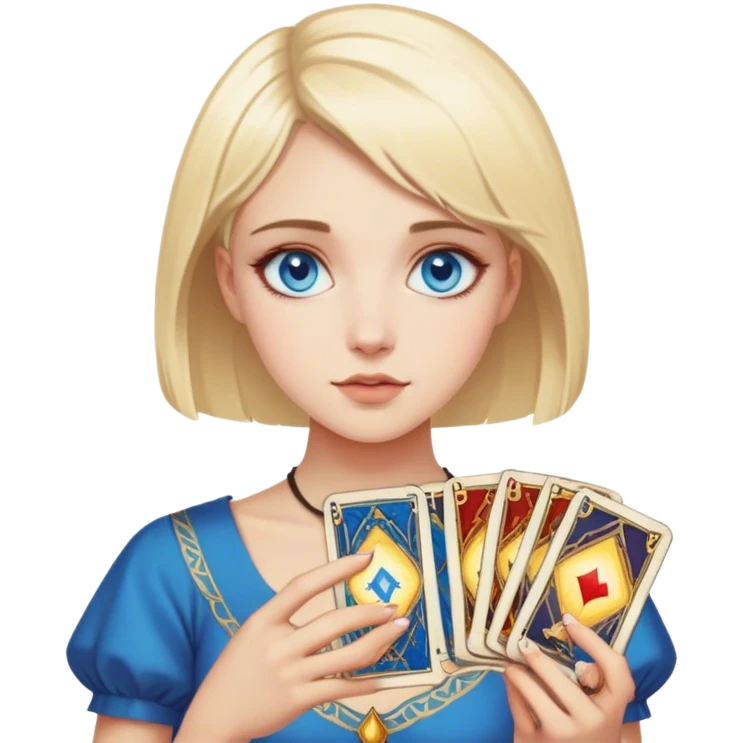 A blonde girl with blue eyes and short hair holds tarot cards emoji