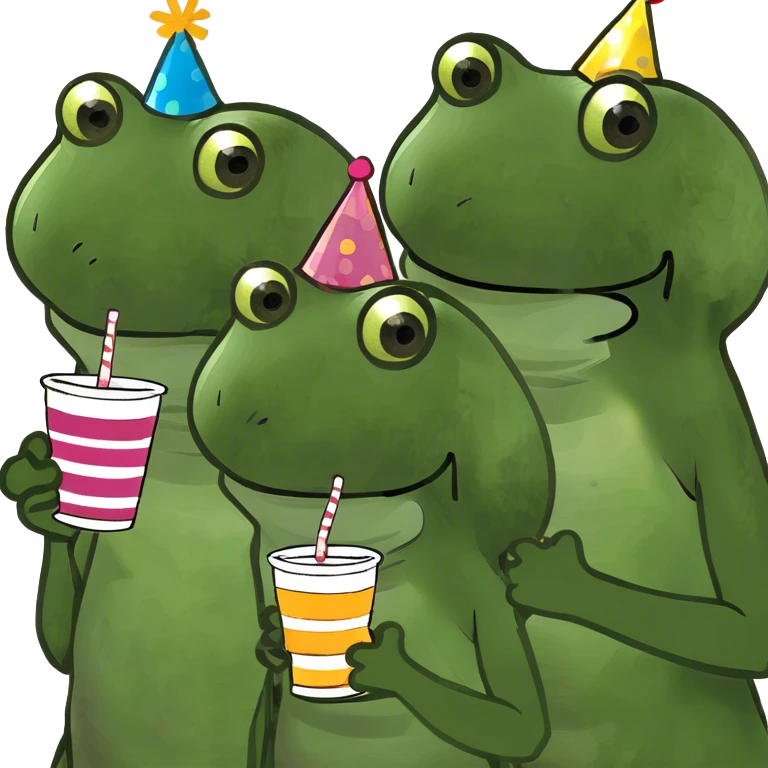 female frog at a party with other two female frog emoji