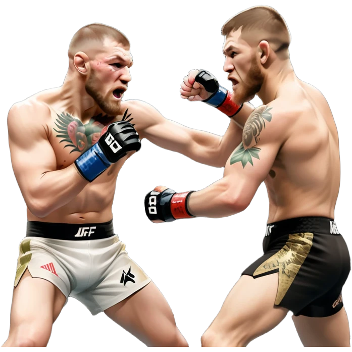 Iconic MMA match between Conor McGregor and Khabib Nurmagomedov in the octagon. McGregor throws a powerful punch while Khabib counters with a takedown attempt. The crowd roars in the background as the fighters showcase their intense rivalry. Transparent background captures the high-stakes fight emoji