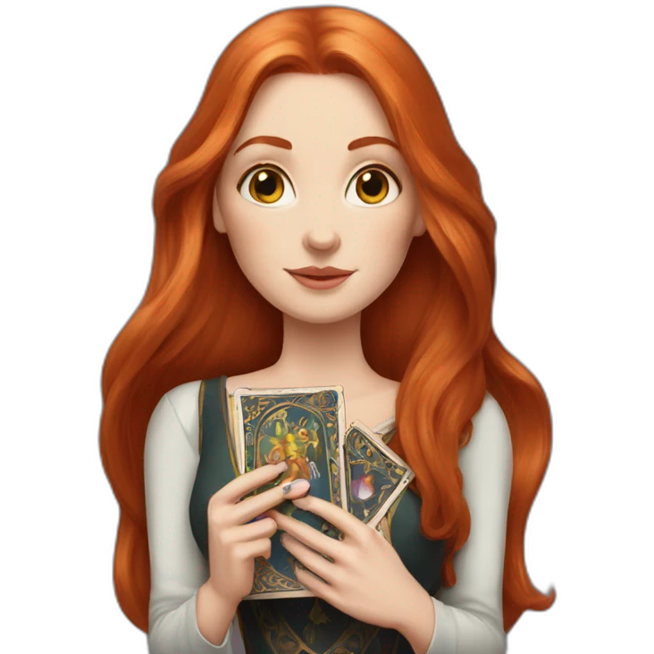 redhead white woman medium long straight hair, holding a tarot card in her hand emoji