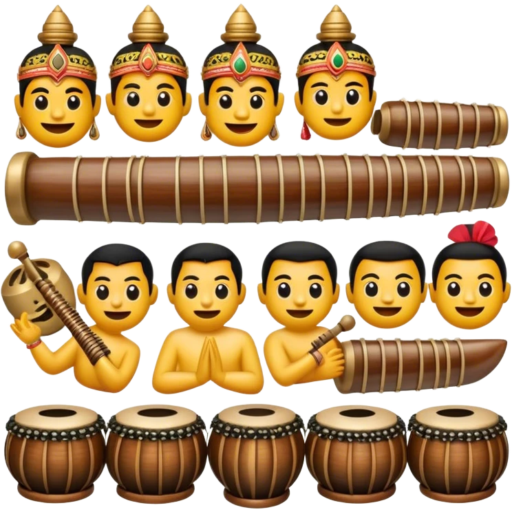Cinematic Realistic Gamelan Pop Culture Emoji, depicted with an ensemble of traditional Indonesian instruments rendered with rich textures and rhythmic, cultural lighting. emoji