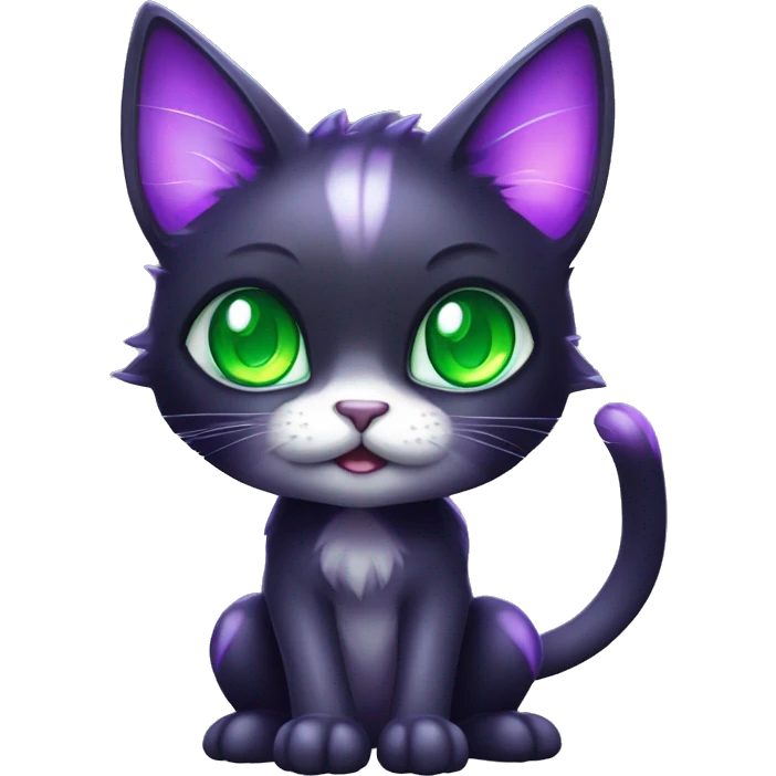 Shiny, Sparkly, Black Dark-type-Fakémon-Cat Purple eyes, green gem, full body emoji
