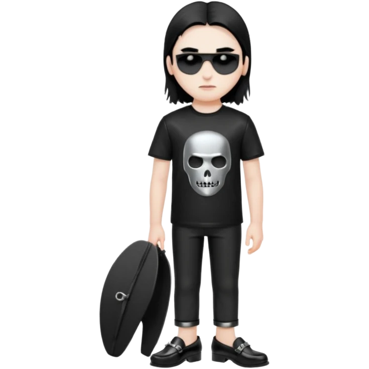 A black metal fan who is going on holiday wearing shiny black leather loafers emoji