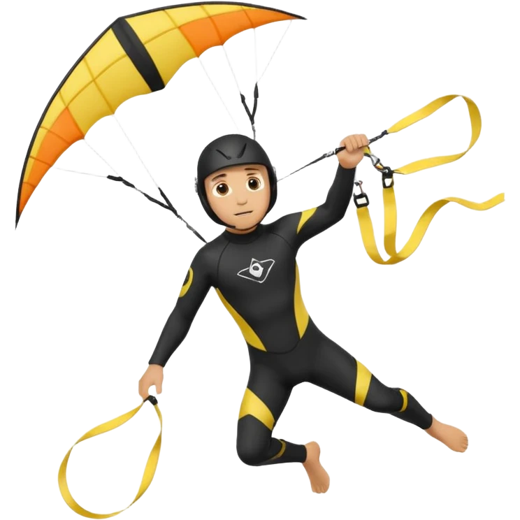 Kiterman, caucasico traje neopreno negro y casco negro, haciendo un down loop con la cometa emoji