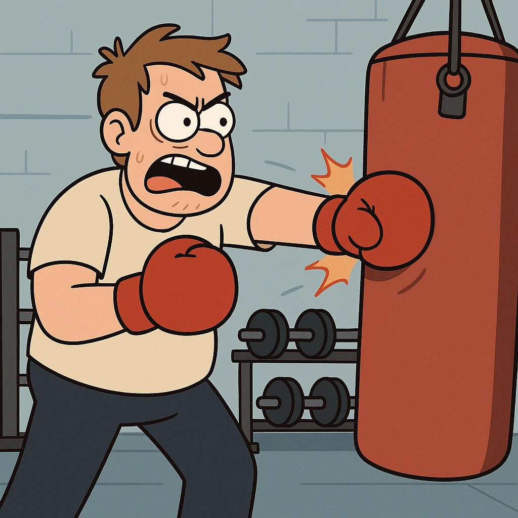 Hit a punching bag – to punch a padded bag for exercise or stress relief.
He went to the gym to hit a punching bag and blow off steam. Background Gym
 emoji
