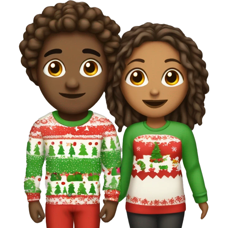 Brown girl with locs and brown boy with shorter locs as a couple in Christmas pajamas  emoji