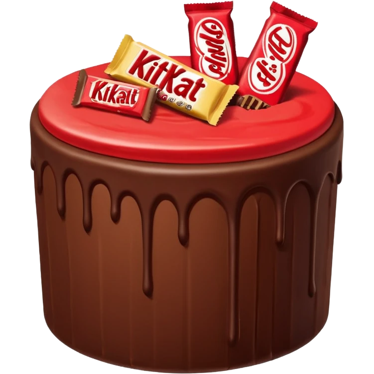 Bolo de chocolate cilíndrico, com fatias de morango em cima e a parede do bolo ao redor de kitkat emoji