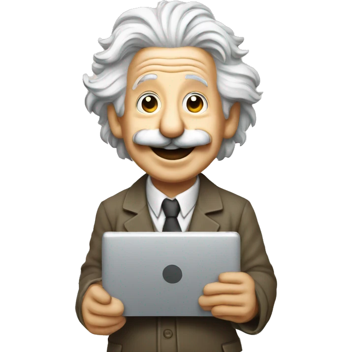 happy albert einstein holding computer in one hand emoji