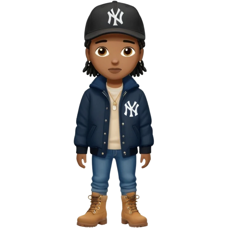 African American boy with short black dreadlocks wearing a black New York Yankees logo baseball cap wearing a black bubble winter coat wearing denim skinny jeans and timberland boots emoji