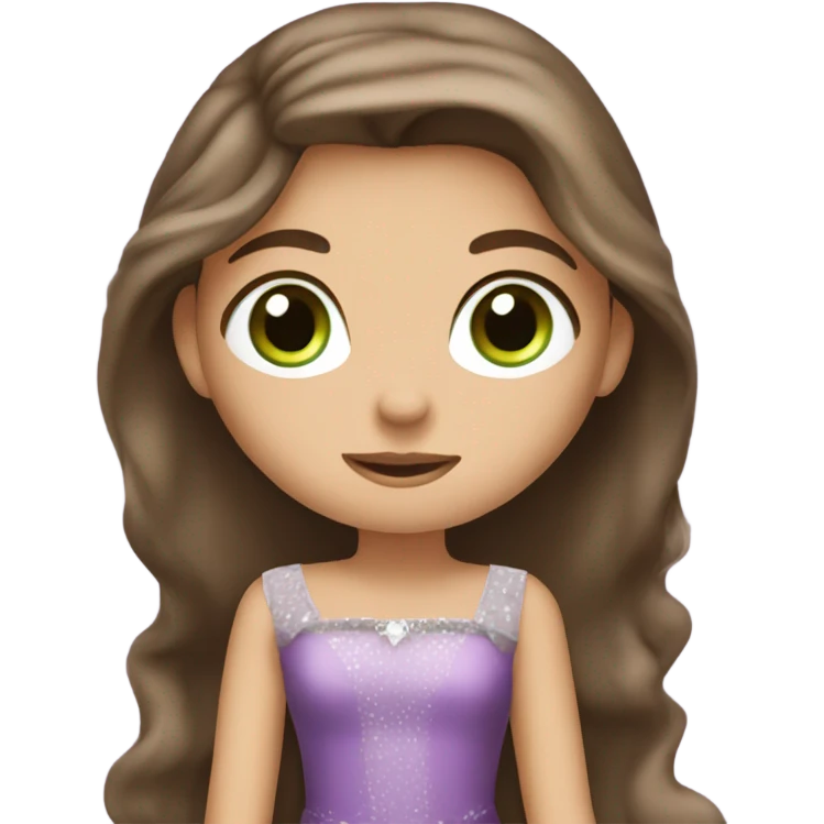 Girl with long brown hair and big green eyes in purple princess dress emoji